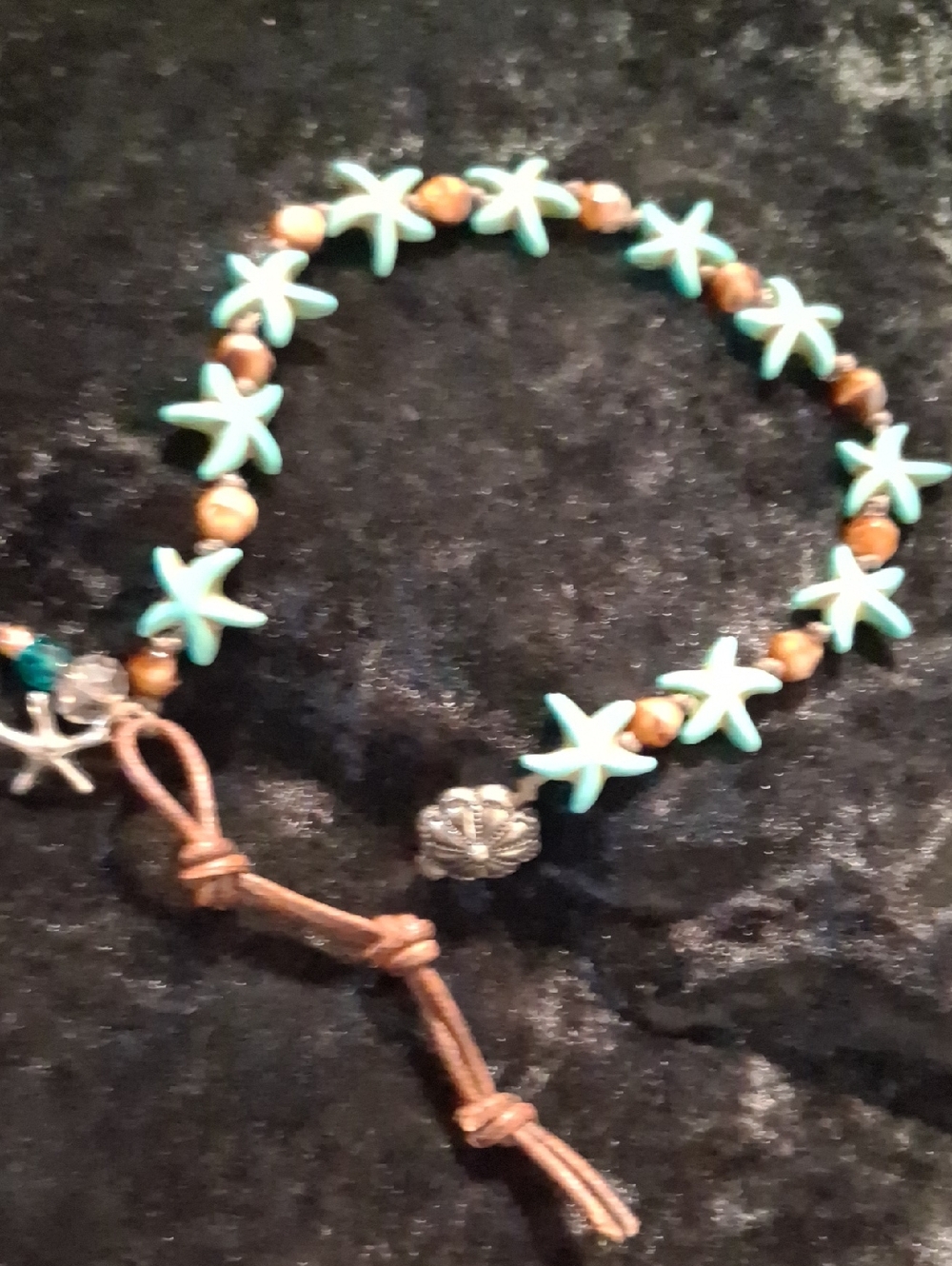 Turquoise Starfish Bead Anklet Bracelet with Brown Accent Stones - 10 To 12 In L